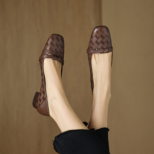 里外全皮~方头粗跟一脚蹬单鞋女2024年新款春秋季复古通勤小皮鞋