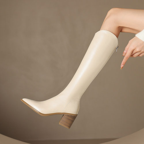 真皮法式复古米白色尖头粗高跟长靴西部骑士靴小个子不过膝高筒靴