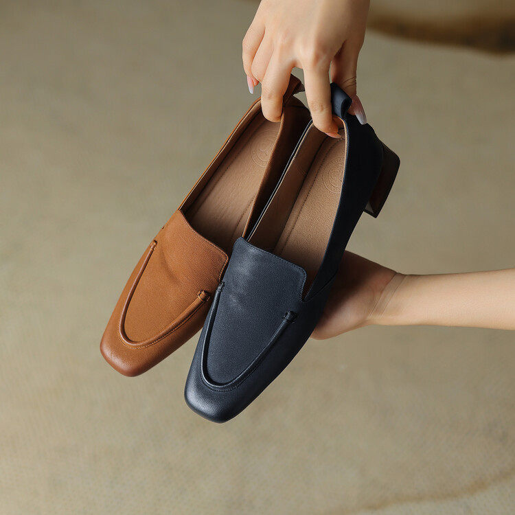 2023春秋新款复古真皮单鞋粗跟中口小皮鞋女低跟方头棕色懒人女鞋,流行男鞋,马丁靴,淘宝优惠券,粉丝福利购,淘宝优惠卷