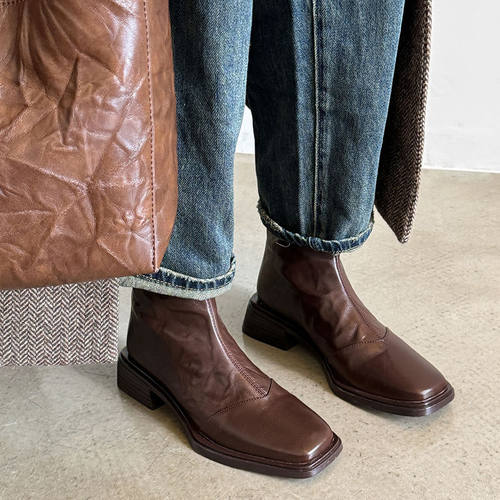 羊皮复古短靴女春秋2024新款方头平底靴子女款真皮棕色韩版瘦瘦靴