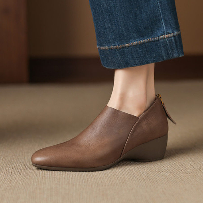 4.5cm真皮坡跟厚底单鞋女2025新款圆头防水台高跟鞋深口皮鞋春秋,运动鞋new,跑步鞋,淘宝优惠券,粉丝福利购,淘宝优惠卷