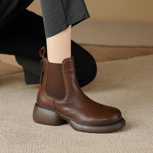 巨舒适粗跟真皮切尔西靴复古英伦风厚底圆头短靴中跟增高显瘦单靴