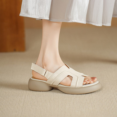 露趾厚底松糕仙女凉鞋女真皮2025新款夏季头层羊皮粗跟百搭罗马鞋