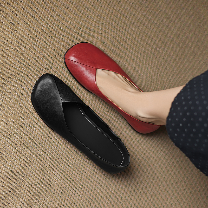 软牛皮法式复古纯色软底奶奶鞋春秋新款真皮浅口单鞋女舒适平底鞋