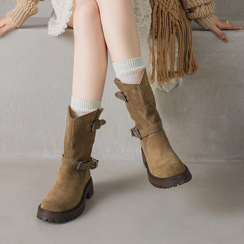 复古真皮厚底短靴女皮带扣潮流西部牛仔靴纯色时尚百搭中筒马丁靴