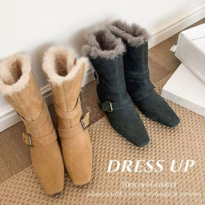 牛皮版~法式简约套筒方头粗跟中筒时装靴女复古皮带扣显瘦骑士靴