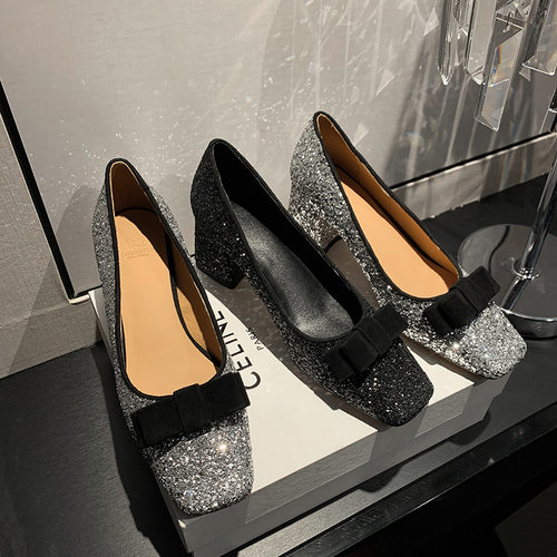 2023早春新款仙女风浅口高跟鞋女粗跟方头韩版蝴蝶结亮片气质单鞋