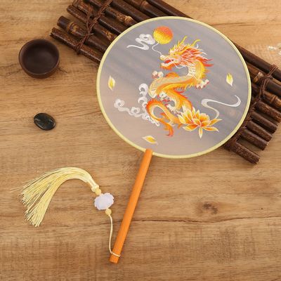 中国风刺绣团扇双面苏绣飞龙在天汉服舞蹈扇表演扇双面刺绣女团扇