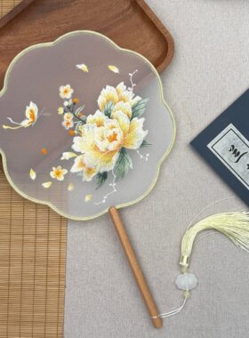 苏绣双面绣团扇刺绣绕丝包边古风扇八瓣黄牡丹仙子舞蹈扇汉服专用