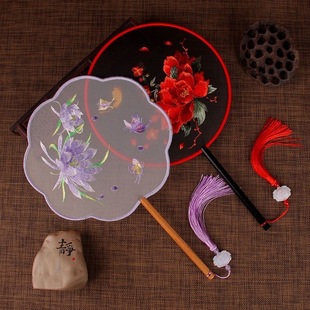 古风团扇双面绣汉服旗袍专用扇子儿童舞蹈摄影道具古典舞团扇子