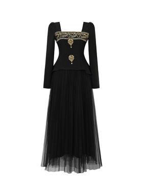 法式名媛黑色高级感国风假两件拼接网纱连衣裙秋冬方领长袖长裙子