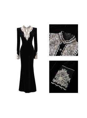 黑色高级感丝绒新中式连衣裙秋冬蕾丝拼接设计感收腰显瘦长袖长裙