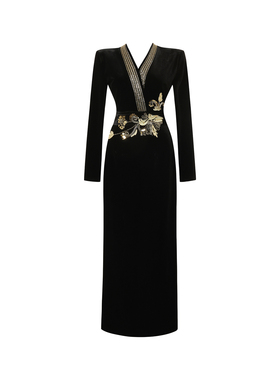 黑色高级感V领气质连衣裙女秋冬小众设计感串珠亮片绣礼服长裙子