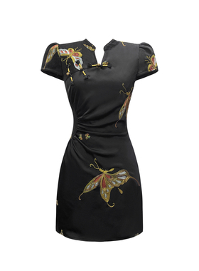 新中式黑色高级感刺绣蝴蝶设计改良旗袍连衣裙夏国风显瘦裙子复古