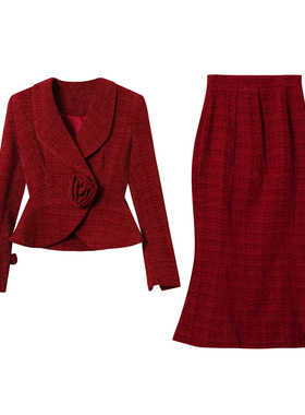 法式名媛红色整套装裙子冬季小香风高级感外套配套半身裙两件套女