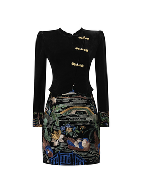 新中式风刺绣连衣裙女夏季黑色立领收腰长袖高级感小众设计感裙子