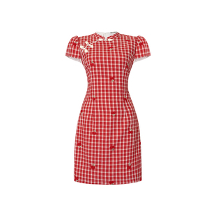 新中式国风改良旗袍连衣裙夏红格复古高级感可爱日常修身收腰短裙