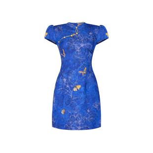 蓝色新中式国风蝴蝶改良旗袍连衣裙女高级设计感修身收腰短款裙子