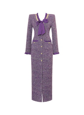 法式千金风紫色小香风连衣裙女秋冬长袖修身蝴蝶结御姐风质感穿搭