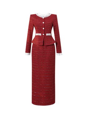 小香风红色连衣裙女士春季设计感拼接假两件千金风优雅气质裙高贵