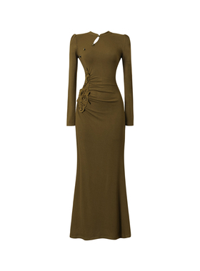 新中式国风改良旗袍长袖连衣裙女秋季新款复古棕绿色收腰显瘦长裙