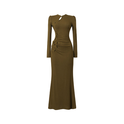 新中式国风改良旗袍长袖连衣裙女秋季新款复古棕绿色收腰显瘦长裙