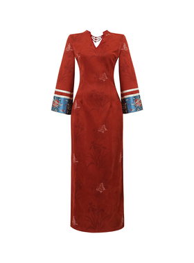 国风红色新中式收腰显瘦微喇袖连衣裙女秋高级感内搭七分袖旗袍裙