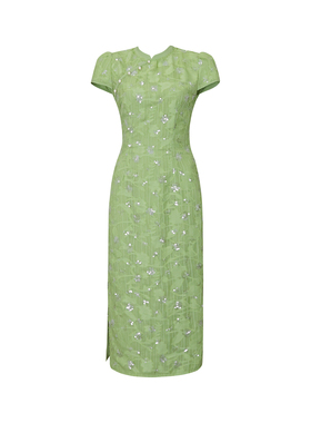 小众绿色国风气质改良旗袍连衣裙女夏新中式裙子钉珠闪亮漂亮气质