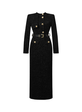 法式名媛高端立领连衣裙女装秋冬黑色小众设计感气质收腰显瘦长裙