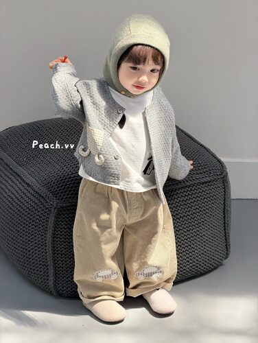小树家 peach毛桃2026秋款卡通可爱针织开衫外套小汽车休闲裤套装