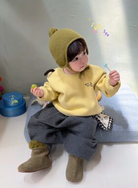 小树家 iye艾野26秋冬款韩系婴童小狗刺绣加绒卫衣加绒卫裤套装