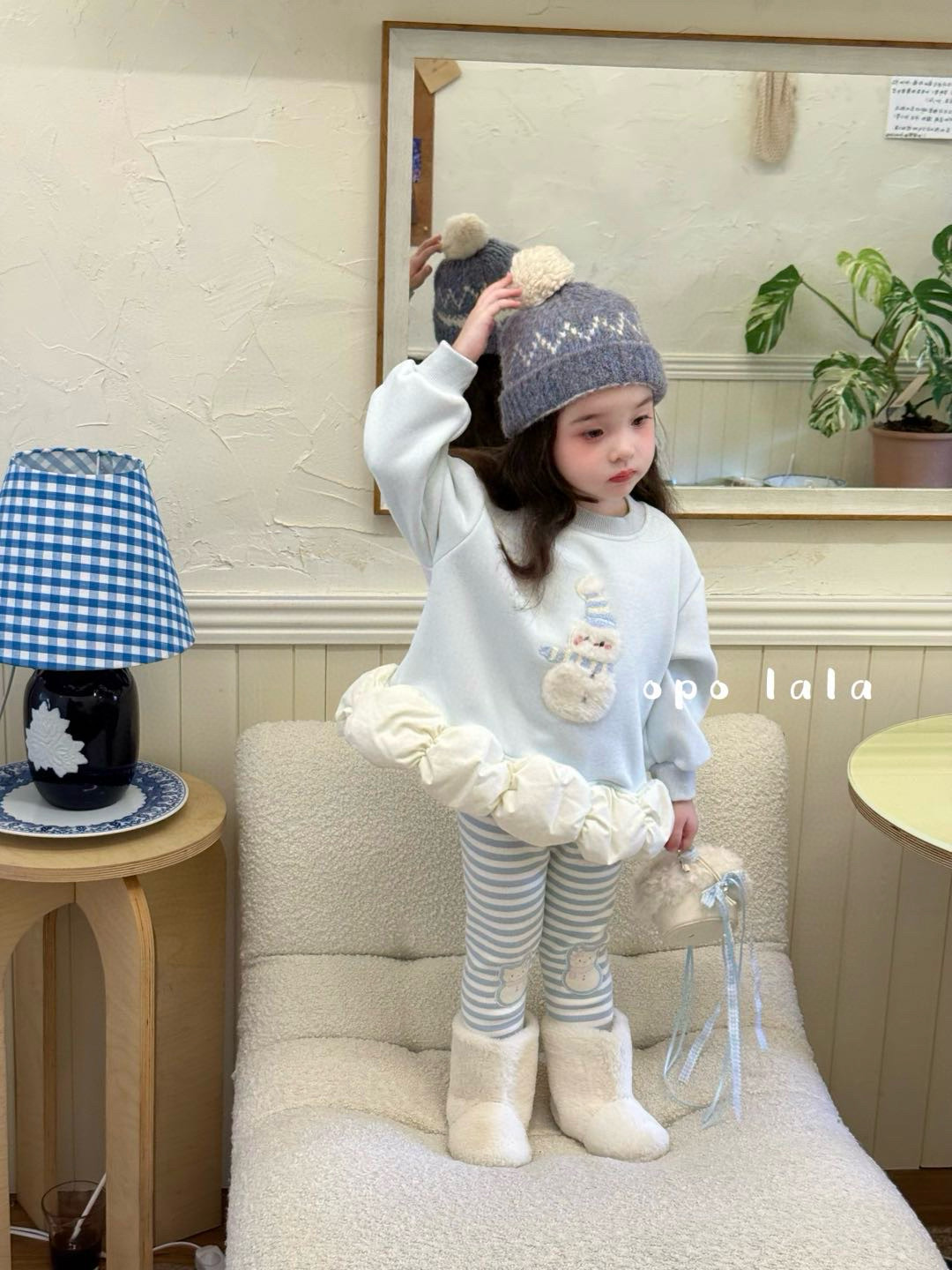 小树家2025秋冬新款女宝宝网红可爱加绒套头卫衣裙打底裤加绒条纹