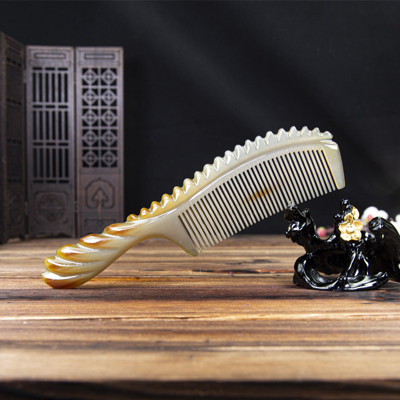 手工制作天然正品牛角梳花柄梳密齿按摩梳好用自用送礼牦牛角梳