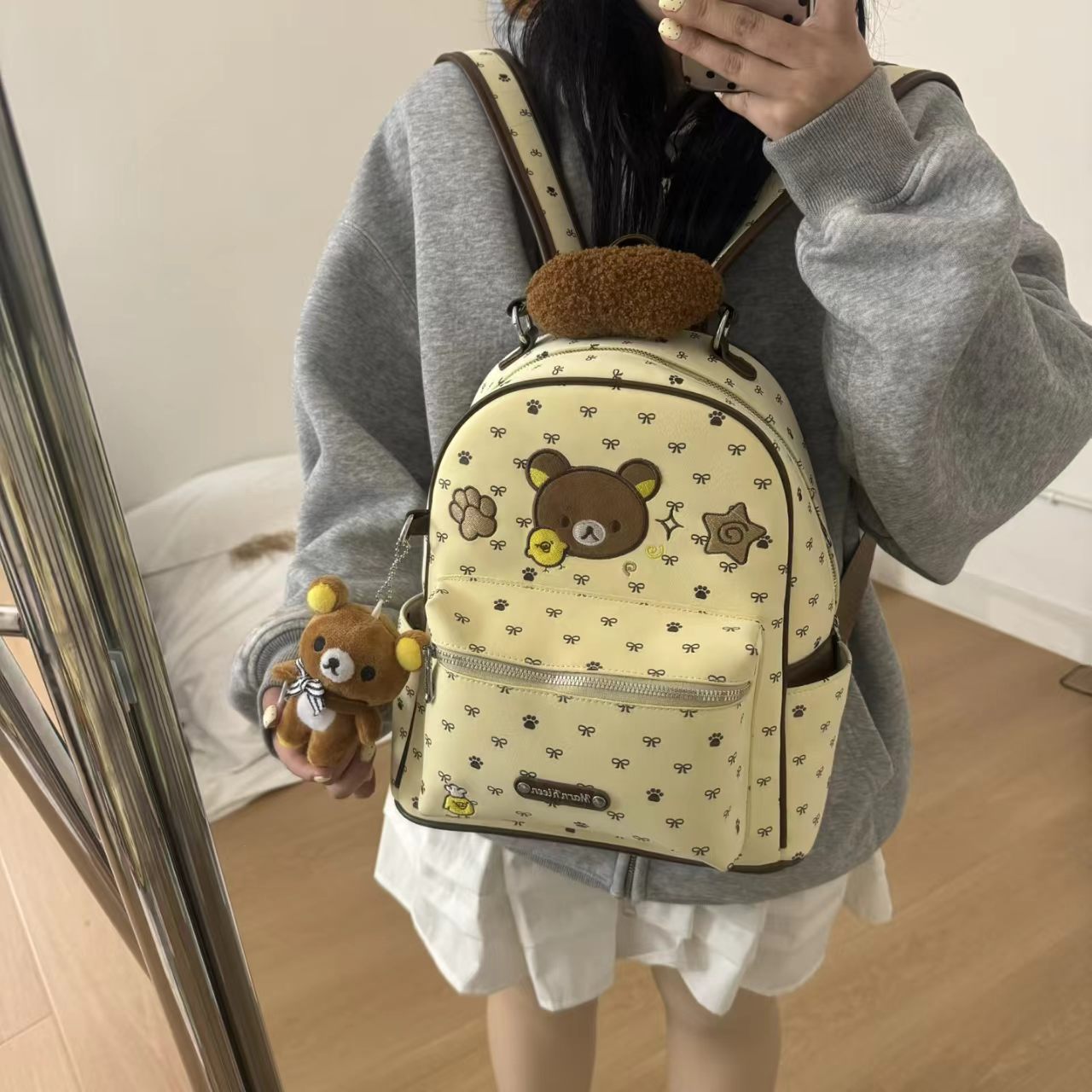 韩版可爱小熊刺绣双背小众设计多巴胺校园出行轻松熊面包双肩包