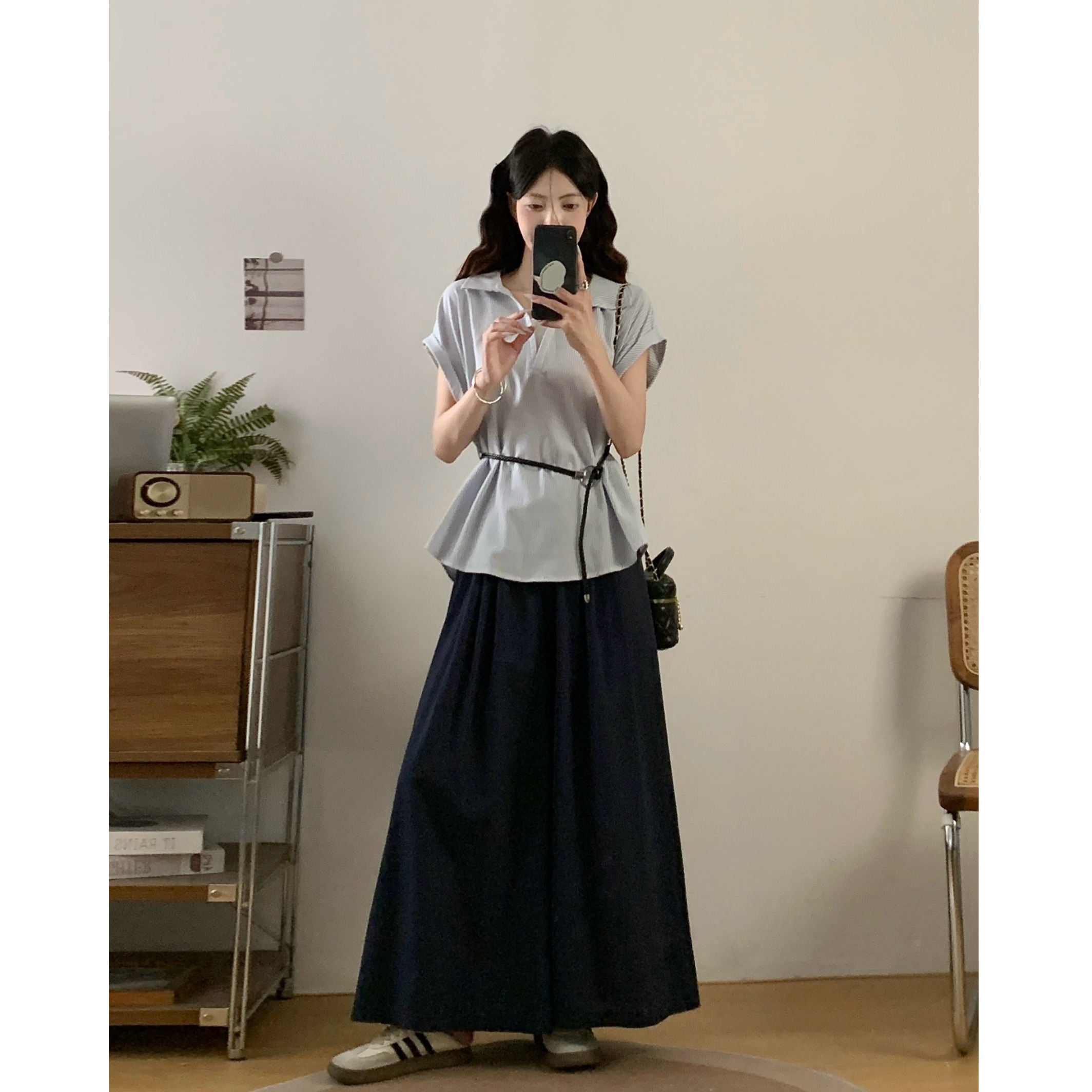 气质翻领系带收腰衬衫半身裙两件套大码胖mm冰凉高级感显瘦套装裙