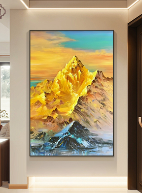 日照金山玄关装饰画大芬村手绘油画客厅挂画高级感入户正对门壁画