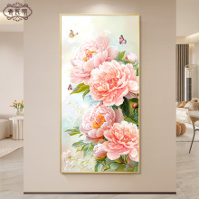 牡丹花手绘油画入户玄关装饰画轻奢高级感花开富贵挂画正对门壁画