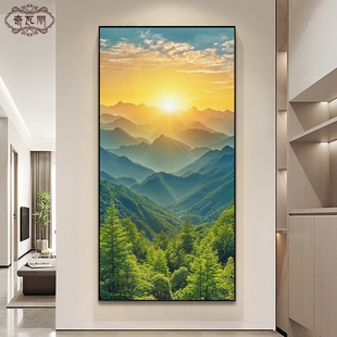 旭日东升入户玄关装饰画森林风景手绘油画正对门挂画日出东方壁画