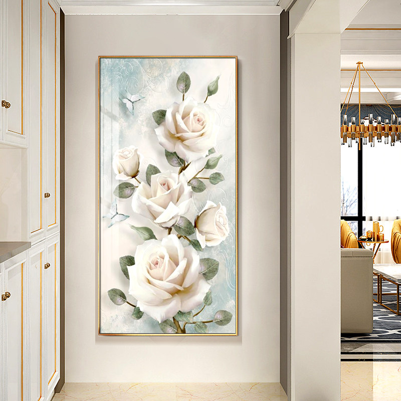 富贵花开入门玄关装饰画走廊尽头挂画油画客厅大气高级感壁画竖版