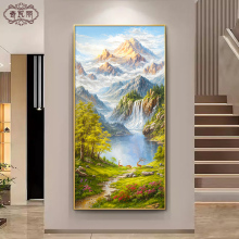 聚宝盆入户玄关装饰画轻奢高级感正对门山水走廊过道挂画风景油画