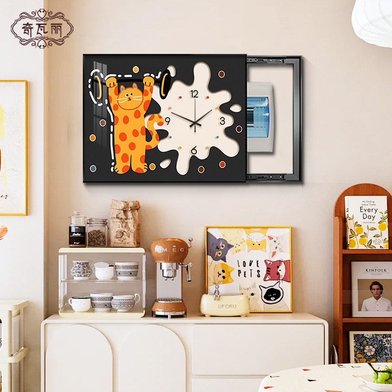 奶油风电表箱装饰画带钟表