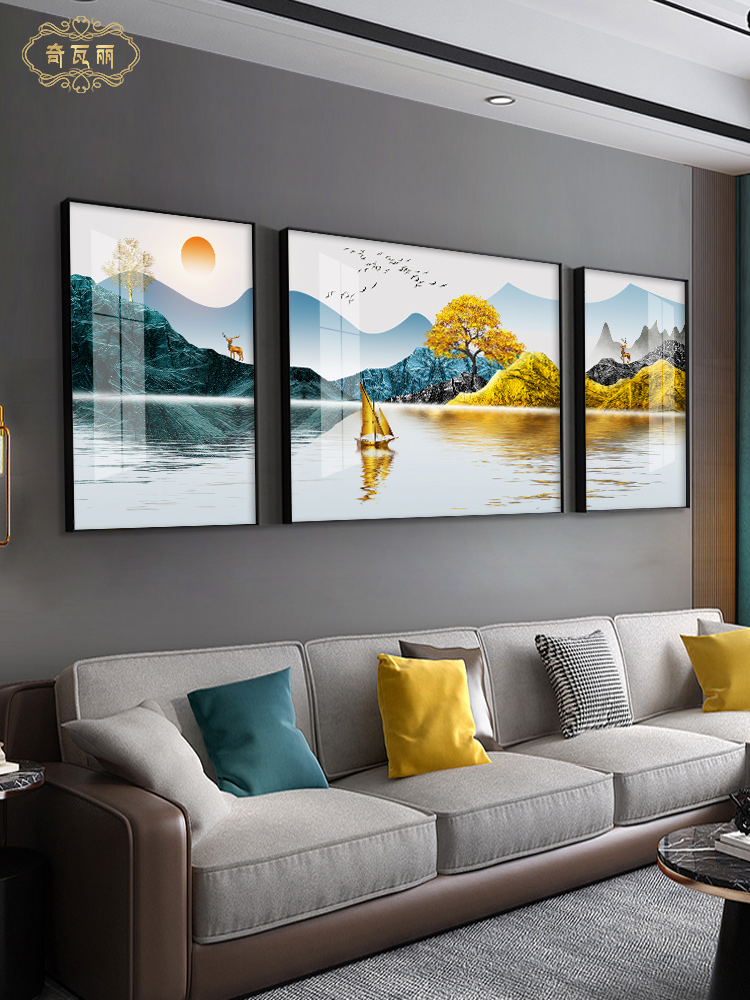 新中式客厅装饰画晶瓷镶钻三联画沙发背景墙壁画山水背有靠山挂画