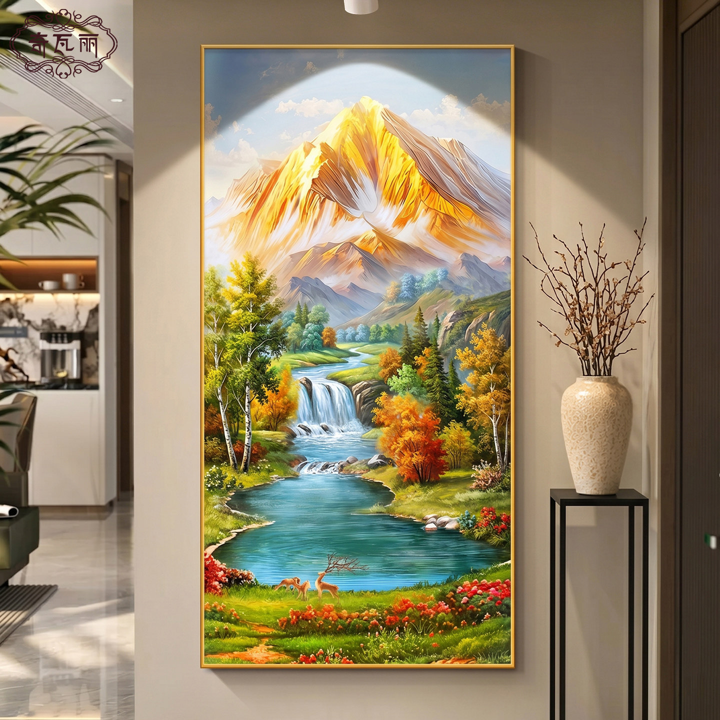 金山聚宝盆山水画玄关装饰画入户正对门壁画走廊过道挂画风景油画