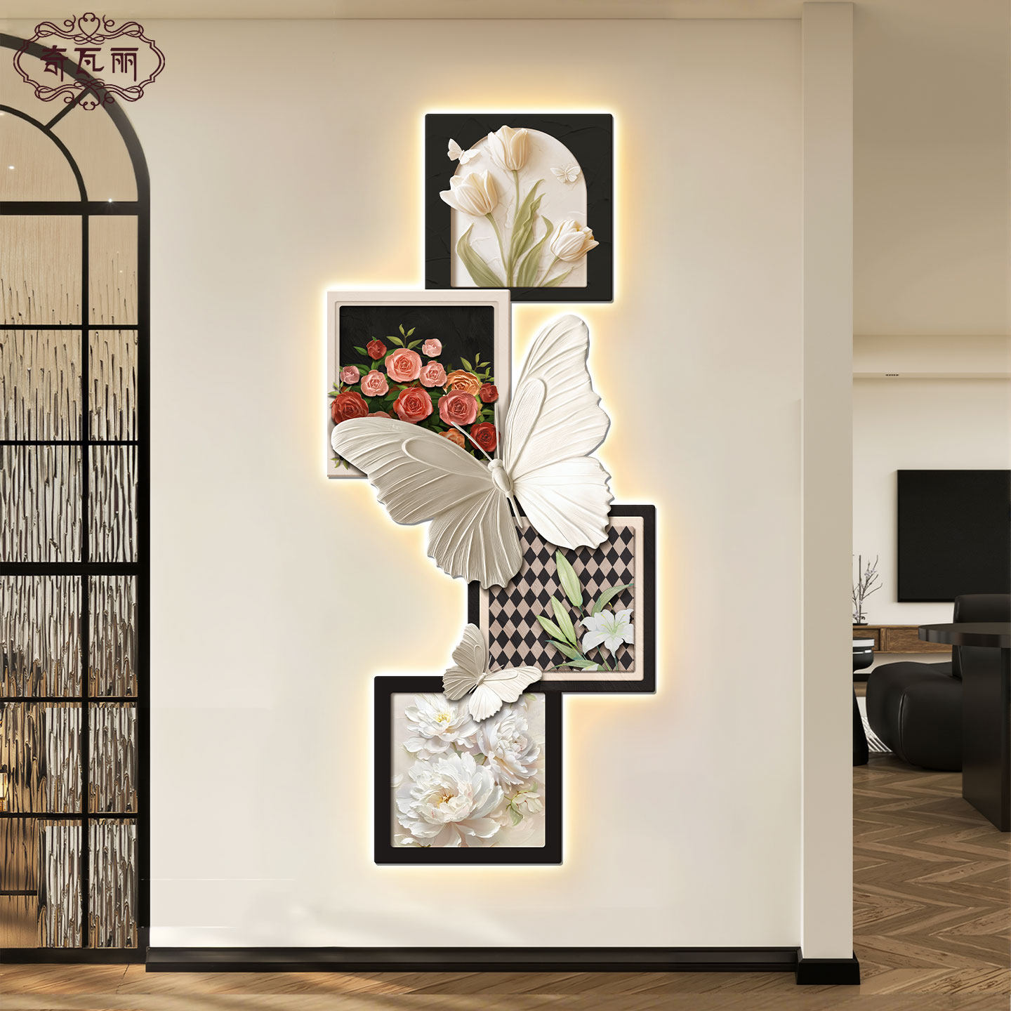 法式中古风入户玄关装饰画蝴蝶花卉挂画客厅壁灯走廊正对门壁画