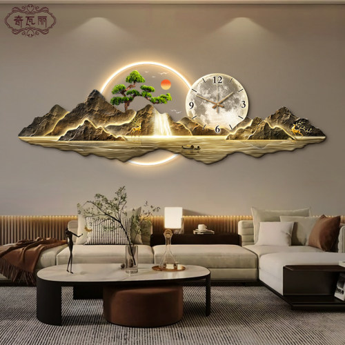 钟表挂钟客厅装饰画2025新款新中式沙发背景墙挂画轻奢山水壁灯画
