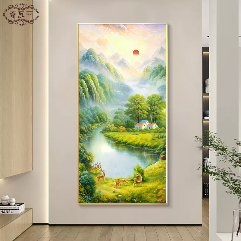 旭日东升入户玄关装饰画正对门走廊过道挂画山水风景油画客厅壁画图片