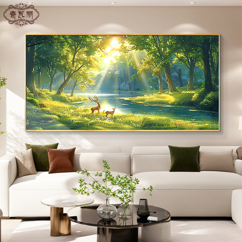 风景树林客厅装饰画风景沙发背景墙挂画阳光手绘油画2025新款壁画图片