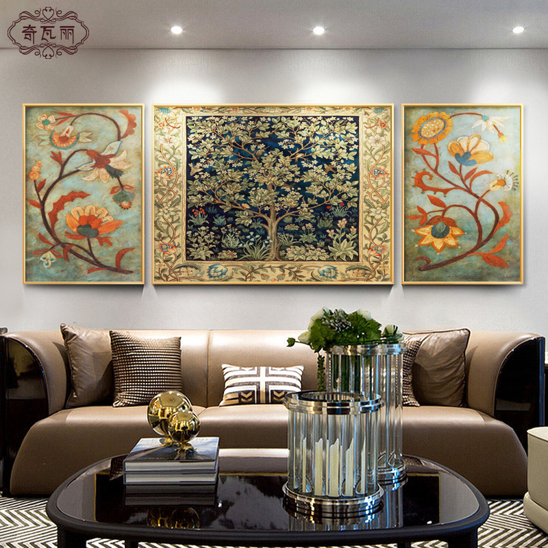 富贵花开客厅装饰画沙发后面背景墙挂画轻奢三联画复古油画幸福树图片