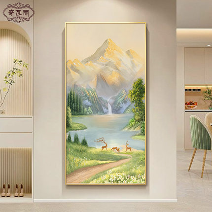 聚宝盆入户玄关装饰画正对门手绘油画轻奢高级感西墙聚财山水挂画