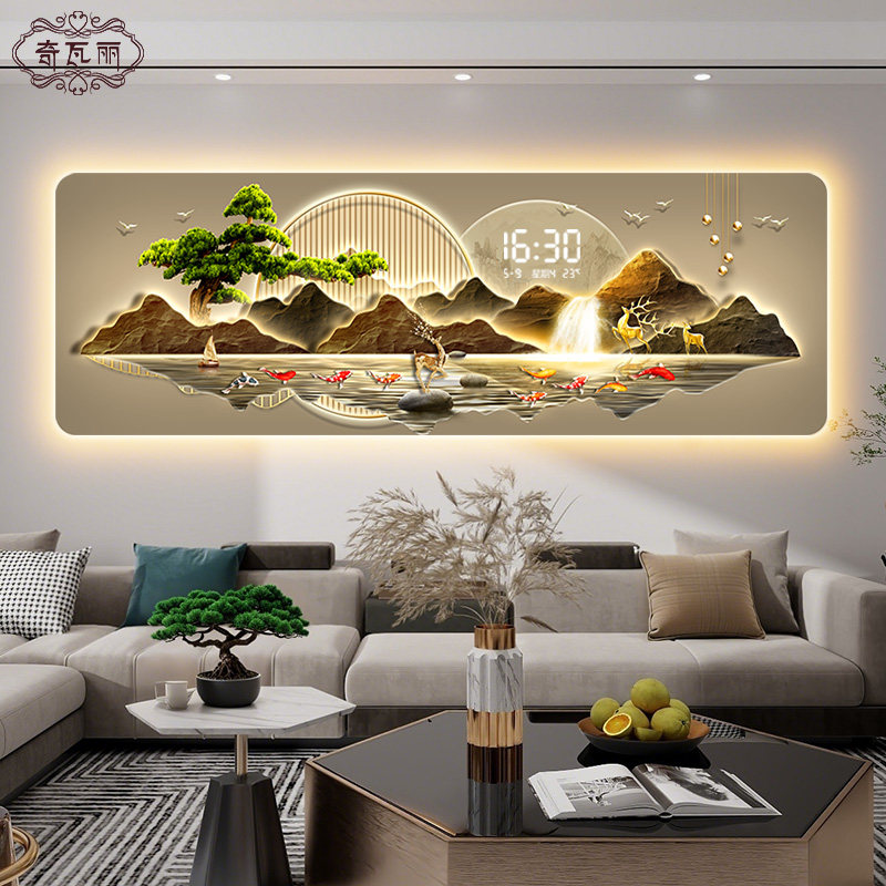 日照金山客厅装饰画 画轻奢高级感带钟表沙发背景墙挂画 画创意时